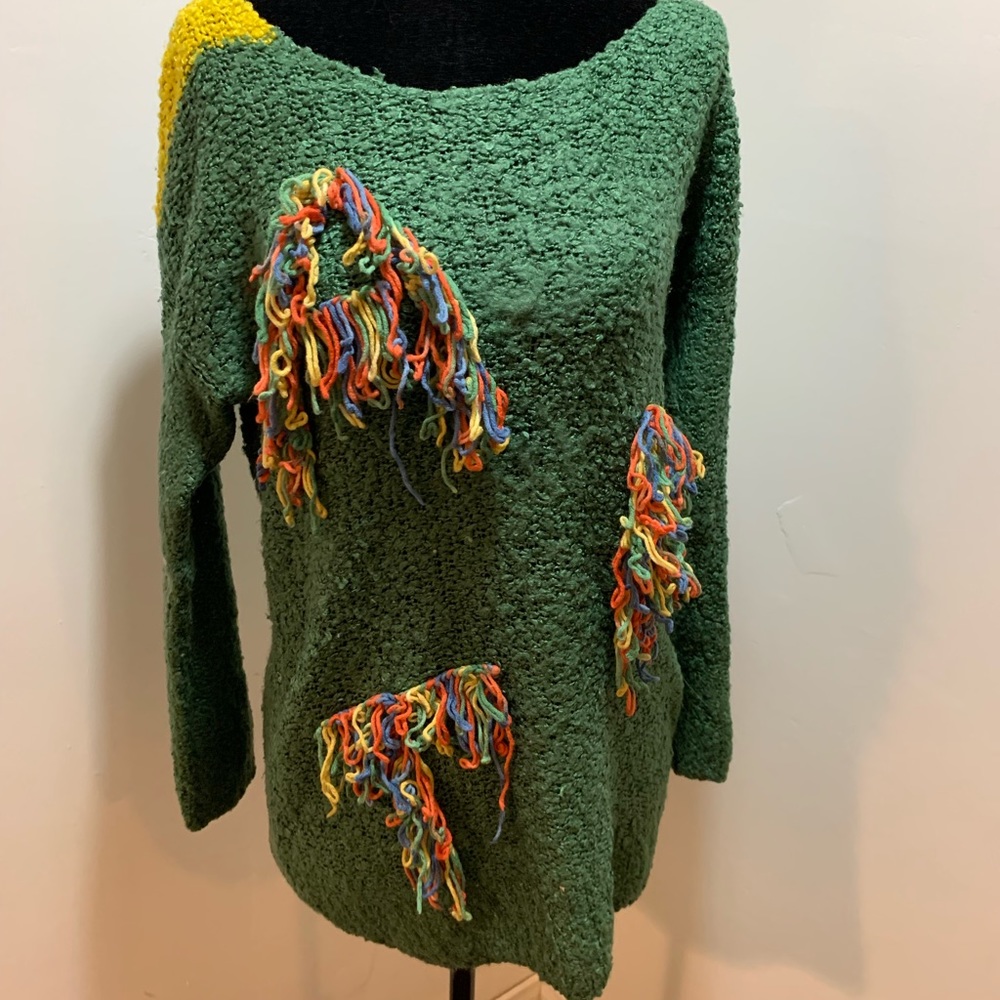 3/$20 Statement green sweater with fringe design